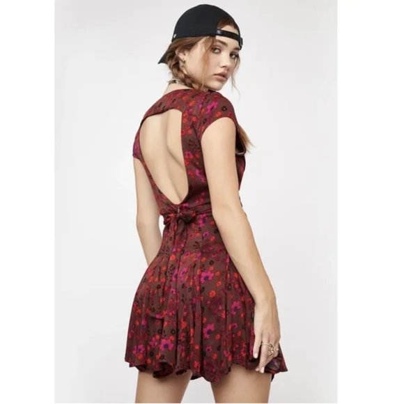 NWT Free People It Takes Two Mini Dress Ivory Floral Sleeveless Wrap Plum Combo - Picture 6 of 10
